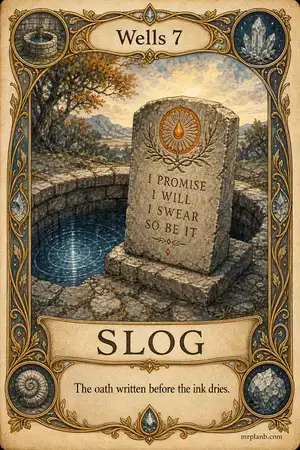 SLOG — Proxmox Tarot card 48 of 100. Illustration: promises chiseled onto a wellside tablet.