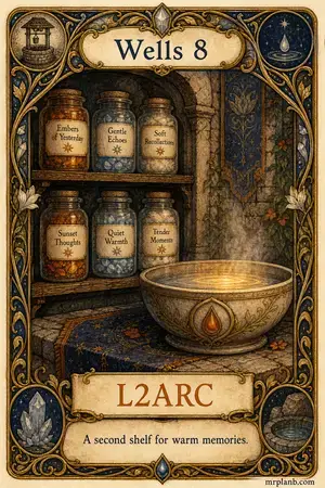 L2ARC — Proxmox Tarot card 49 of 100. Illustration: labeled jars on a shelf beside the rim-bowl.