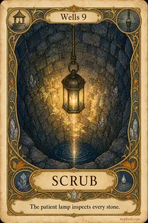 SCRUB — Proxmox Tarot card 50 of 100. Illustration: a lantern lowered into the well, mending bricks.