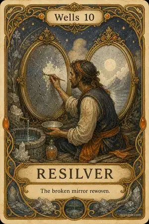 RESILVER — Proxmox Tarot card 51 of 100. Illustration: an artisan re-silvering a cracked mirror from its twin.