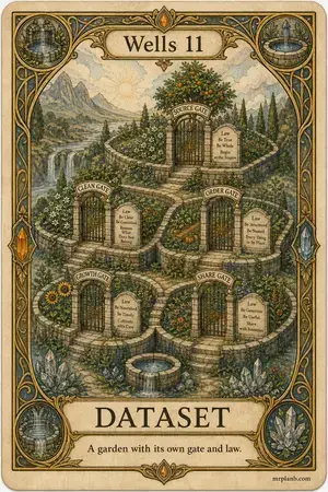 DATASET — Proxmox Tarot card 52 of 100. Illustration: terraced plots with named gates and rule tablets.