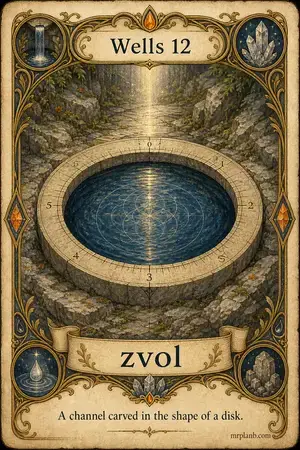 zvol — Proxmox Tarot card 53 of 100. Illustration: a perfectly circular pond cut in stone.