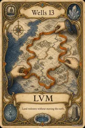 LVM — Proxmox Tarot card 54 of 100. Illustration: a surveyor's map with sliding boundary ribbons.