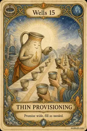 THIN PROVISIONING — Proxmox Tarot card 56 of 100. Illustration: one pitcher vowing to fill many cups, pouring only into raised ones.