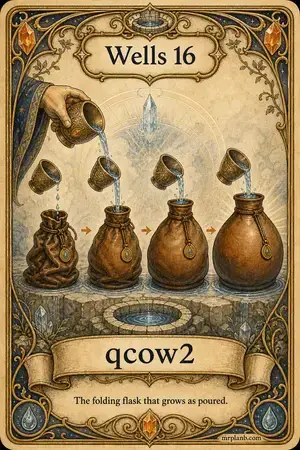 qcow2 — Proxmox Tarot card 57 of 100. Illustration: a leather flask visibly expanding with drink.