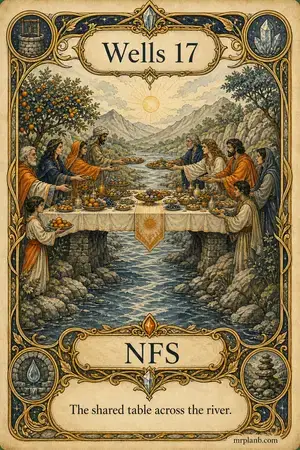 NFS — Proxmox Tarot card 58 of 100. Illustration: a banquet table spanning a stream.