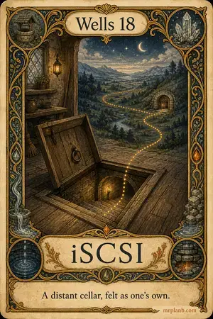 iSCSI — Proxmox Tarot card 59 of 100. Illustration: a cellar door opening to a vault miles away.