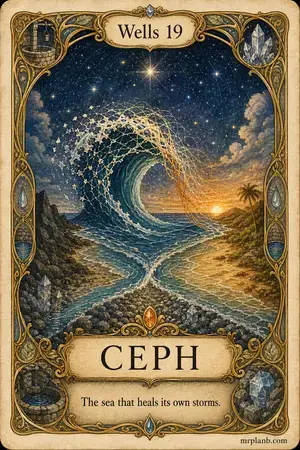 CEPH — Proxmox Tarot card 60 of 100. Illustration: a starlit sea touching three shores, mending its own waves.