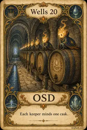 OSD — Proxmox Tarot card 61 of 100. Illustration: a cellar row of casks, one lantern-spirit on each.