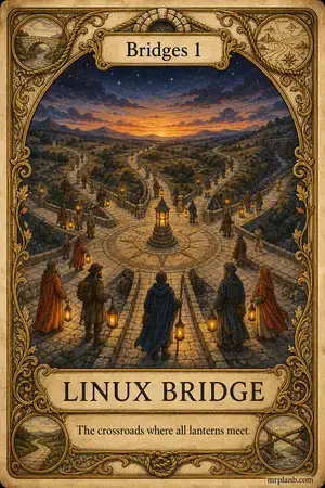LINUX BRIDGE — Proxmox Tarot card 62 of 100. Illustration: a stone crossroads plaza at dusk.