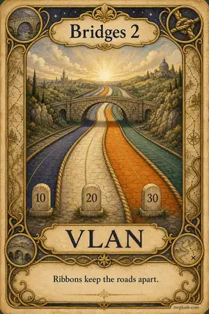 VLAN — Proxmox Tarot card 63 of 100. Illustration: one road painted into numbered ribbon-lanes.