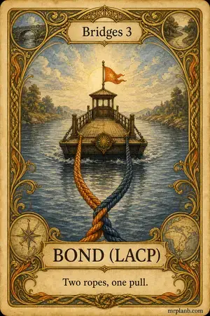 BOND (LACP) — Proxmox Tarot card 64 of 100. Illustration: twin braided ropes hauling a single ferry.