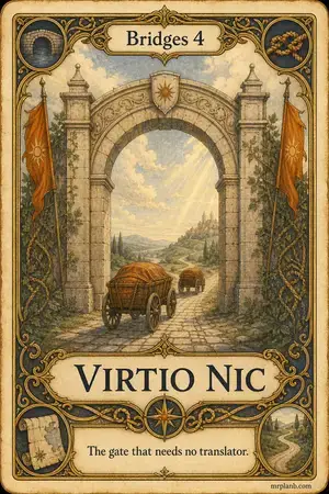 VIRTIO NIC — Proxmox Tarot card 65 of 100. Illustration: a clean archway with no tollbooth.