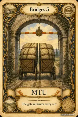 MTU — Proxmox Tarot card 66 of 100. Illustration: a measuring arch splitting an oversized cart in two.