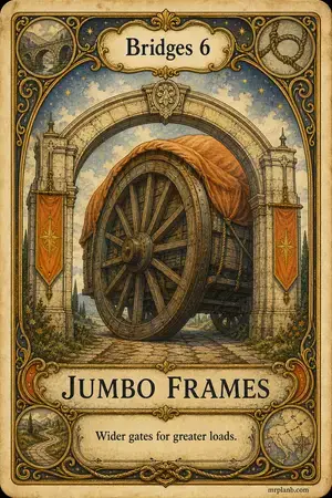 JUMBO FRAMES — Proxmox Tarot card 67 of 100. Illustration: a grand widened arch passing a huge wagon whole.