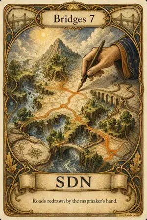 SDN — Proxmox Tarot card 68 of 100. Illustration: a hand redrawing roads while terrain obeys.
