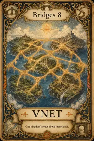 VNET — Proxmox Tarot card 69 of 100. Illustration: a translucent road-lattice floating above islands.