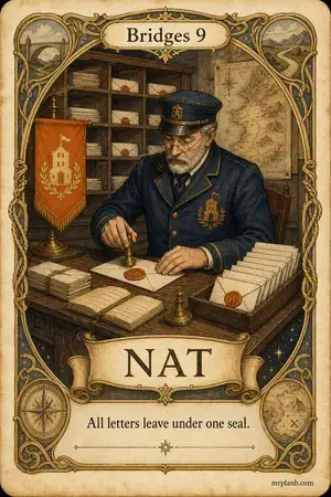 NAT — Proxmox Tarot card 70 of 100. Illustration: a postmaster resealing letters with one crest.