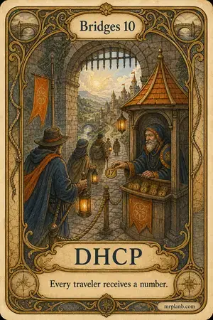 DHCP — Proxmox Tarot card 71 of 100. Illustration: a kiosk handing numbered brass tokens.
