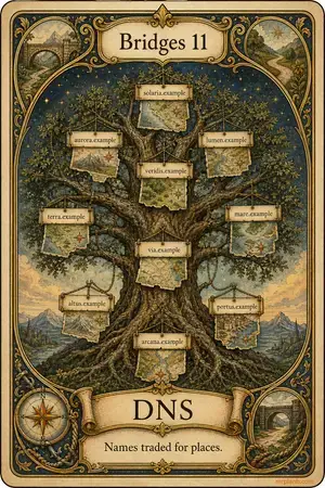 DNS — Proxmox Tarot card 72 of 100. Illustration: a directory tree, names hanging beside map fragments.