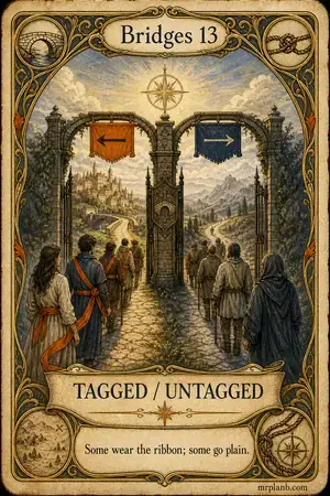 TAGGED / UNTAGGED — Proxmox Tarot card 74 of 100. Illustration: a gate sorting sash-wearers from the plain.