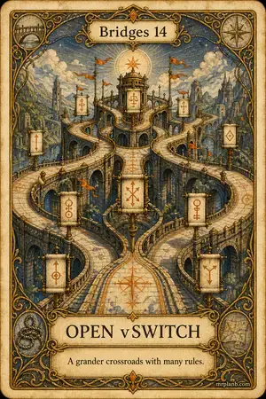 OPEN vSWITCH — Proxmox Tarot card 75 of 100. Illustration: an ornate multi-level junction with posted rule-scrolls.