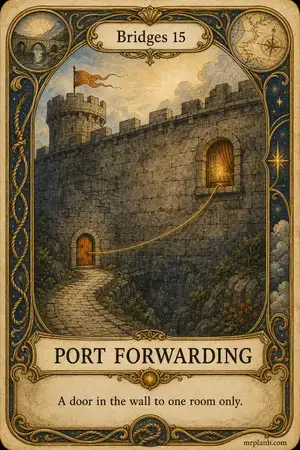 PORT FORWARDING — Proxmox Tarot card 76 of 100. Illustration: a tiny wall-door with a thread to a single window.