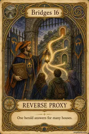 REVERSE PROXY — Proxmox Tarot card 77 of 100. Illustration: a herald at the gate guiding lights to inner doors.