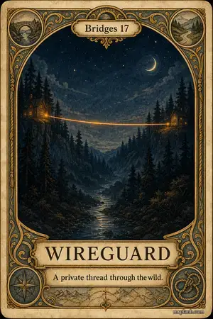 WIREGUARD — Proxmox Tarot card 78 of 100. Illustration: one glowing thread crossing a dark forest between homes.