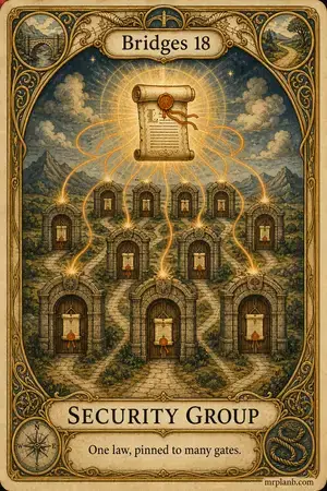 SECURITY GROUP — Proxmox Tarot card 79 of 100. Illustration: one rule-scroll duplicated onto a dozen gates.
