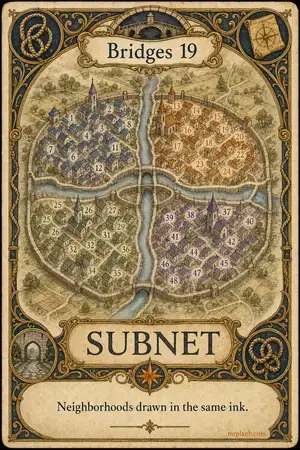 SUBNET — Proxmox Tarot card 80 of 100. Illustration: a town map in shaded quarters, each in its own ink.