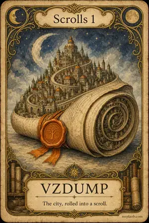 VZDUMP — Proxmox Tarot card 81 of 100. Illustration: a city spiraling into rolled parchment.