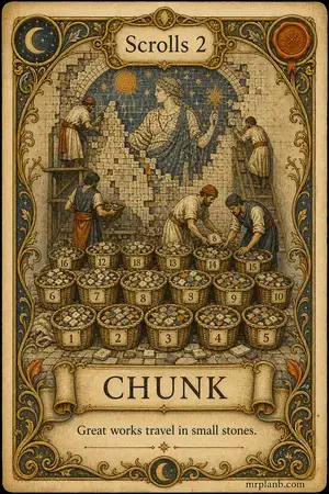CHUNK — Proxmox Tarot card 82 of 100. Illustration: a mosaic dismantled into numbered tiles.