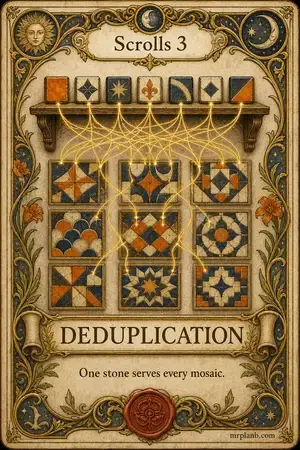 DEDUPLICATION — Proxmox Tarot card 83 of 100. Illustration: one tile of each kind, threads linking many mosaics.