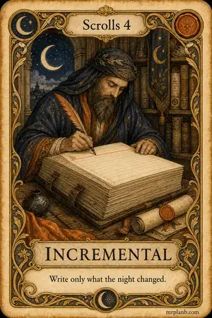 INCREMENTAL — Proxmox Tarot card 84 of 100. Illustration: a scribe adding a single line to a thick ledger.