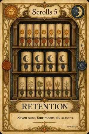 RETENTION — Proxmox Tarot card 85 of 100. Illustration: shelves marked with sun, moon, and season symbols.
