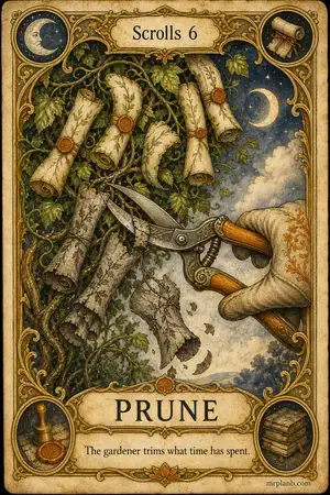 PRUNE — Proxmox Tarot card 86 of 100. Illustration: shears clipping the greyest scroll-leaves from a vine.