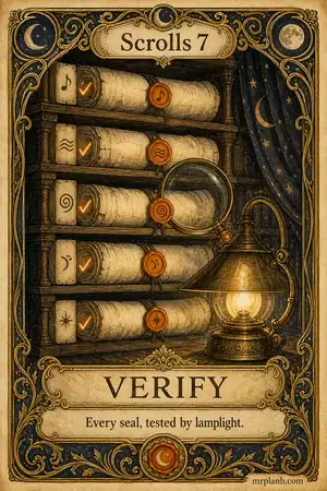 VERIFY — Proxmox Tarot card 87 of 100. Illustration: a lens and lamp checking wax seals, ticks in the margin.