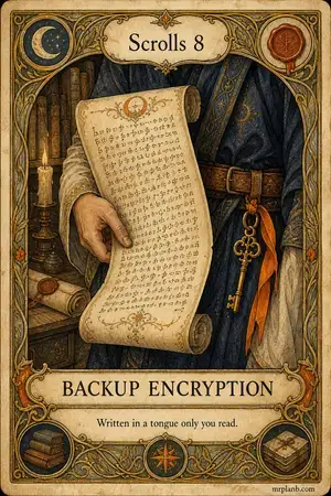 BACKUP ENCRYPTION — Proxmox Tarot card 88 of 100. Illustration: a beautiful cipher-scroll, its key on a ribbon.