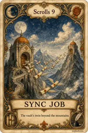 SYNC JOB — Proxmox Tarot card 89 of 100. Illustration: scroll-birds crossing a mountain range between vaults.