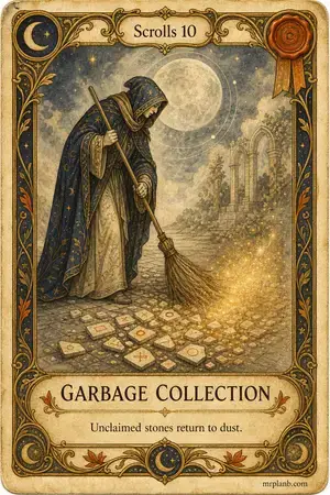 GARBAGE COLLECTION — Proxmox Tarot card 90 of 100. Illustration: a sweeper brushing unreferenced tiles into golden dust.