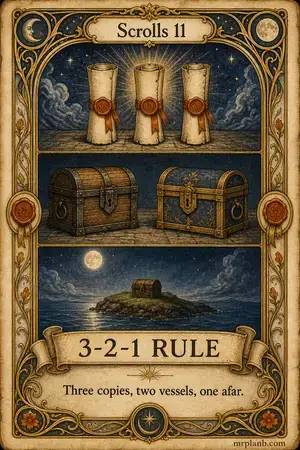3-2-1 RULE — Proxmox Tarot card 91 of 100. Illustration: a triptych — three scrolls, two chests, one far island.