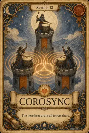 COROSYNC — Proxmox Tarot card 92 of 100. Illustration: drummers on three towers striking in unison.