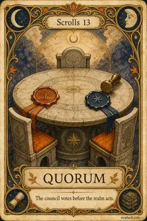 QUORUM — Proxmox Tarot card 93 of 100. Illustration: a round table, two of three seals pressed.