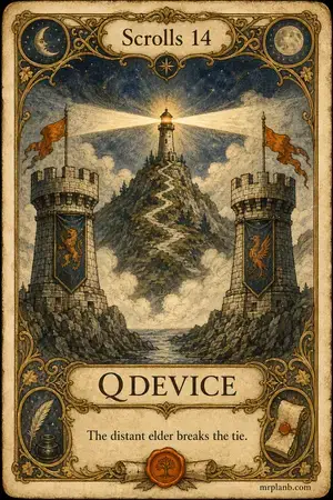QDEVICE — Proxmox Tarot card 94 of 100. Illustration: a lighthouse casting a deciding beam between two towers.