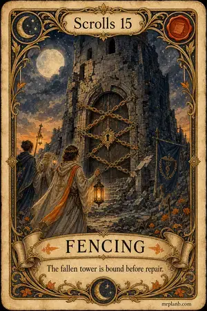FENCING — Proxmox Tarot card 95 of 100. Illustration: gentle chains binding a dark tower's doors.