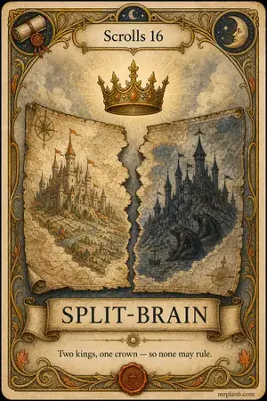 SPLIT-BRAIN — Proxmox Tarot card 96 of 100. Illustration: a torn map, a crown hovering undecided, one half kneeling dark.