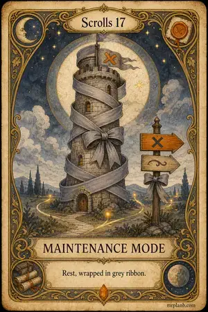 MAINTENANCE MODE — Proxmox Tarot card 97 of 100. Illustration: a tower wrapped in ribbon, its lights politely rerouted.