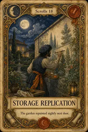 STORAGE REPLICATION — Proxmox Tarot card 98 of 100. Illustration: a painter copying a garden onto the neighbor's wall by moonlight.