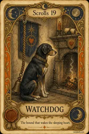 WATCHDOG — Proxmox Tarot card 99 of 100. Illustration: a hound beside a bell-rope, watching a dimming hearth.